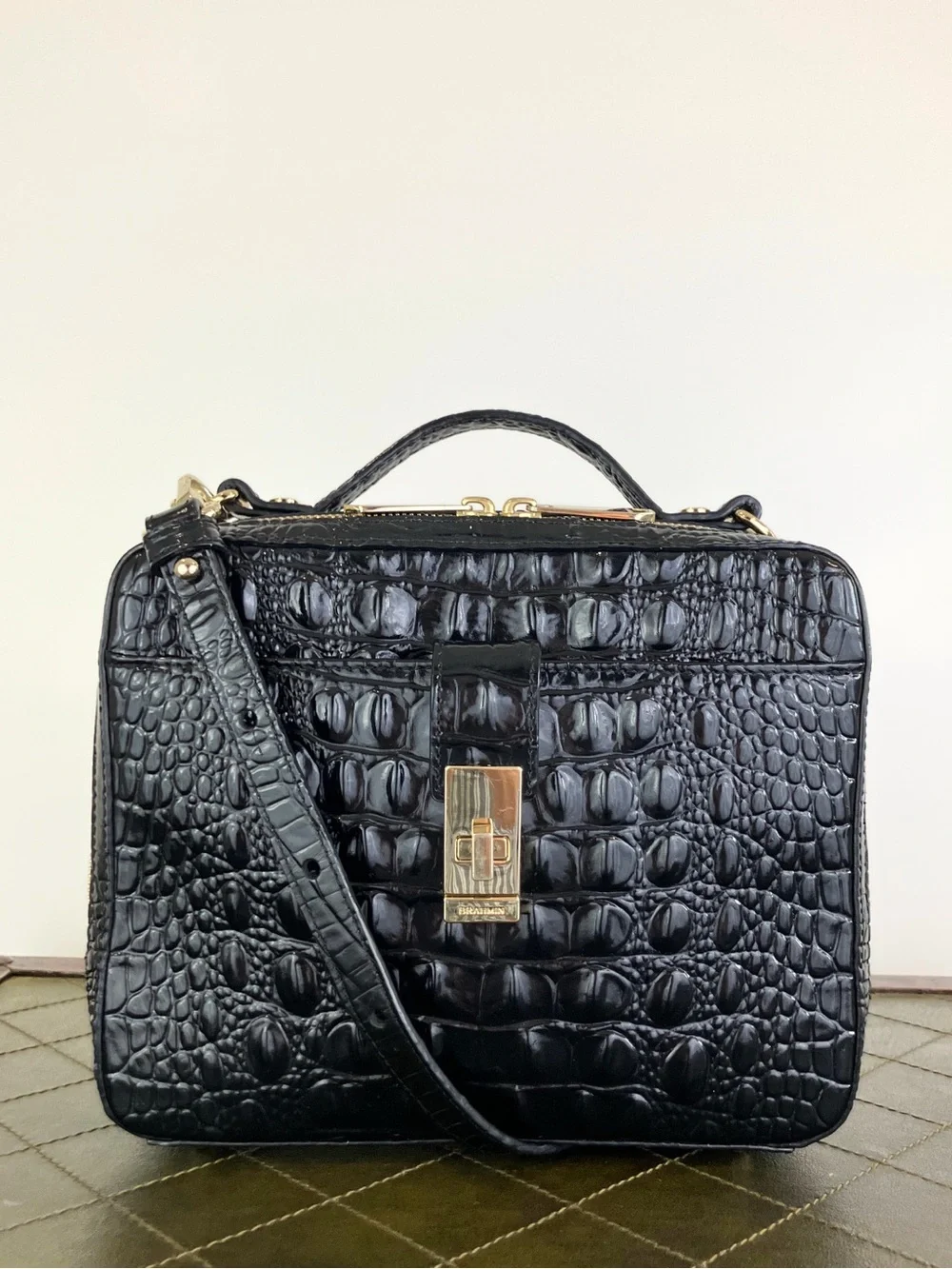 Brahmin Evie Black Melbourne Embossed Leather Crossbody Bag